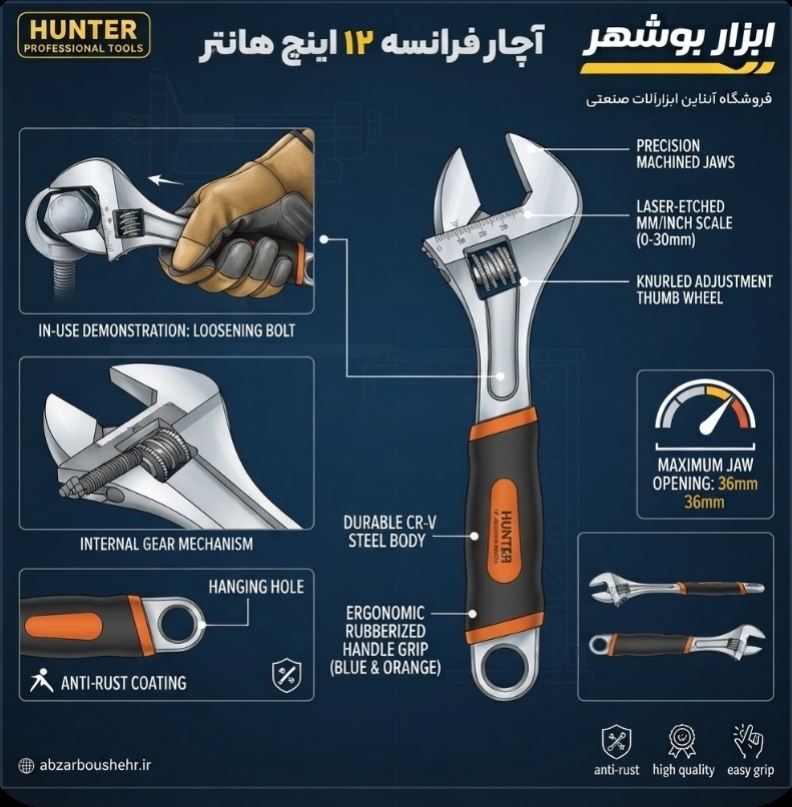 آچار فرانسه ۱۲ اینچ رو کش دار هانتر